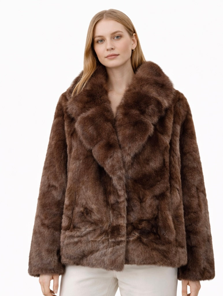 Plush Eco Fur Jacket with Wide Collar – Rich Brown