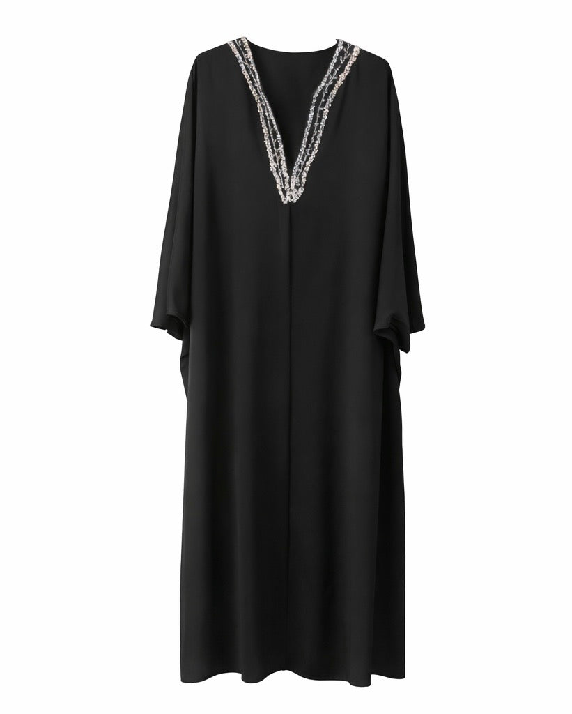 Beaded Neckline Black Kaftan Dress