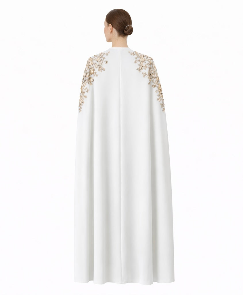 Ivory Embellished Cape Abaya with Hand-Beaded Shoulders
