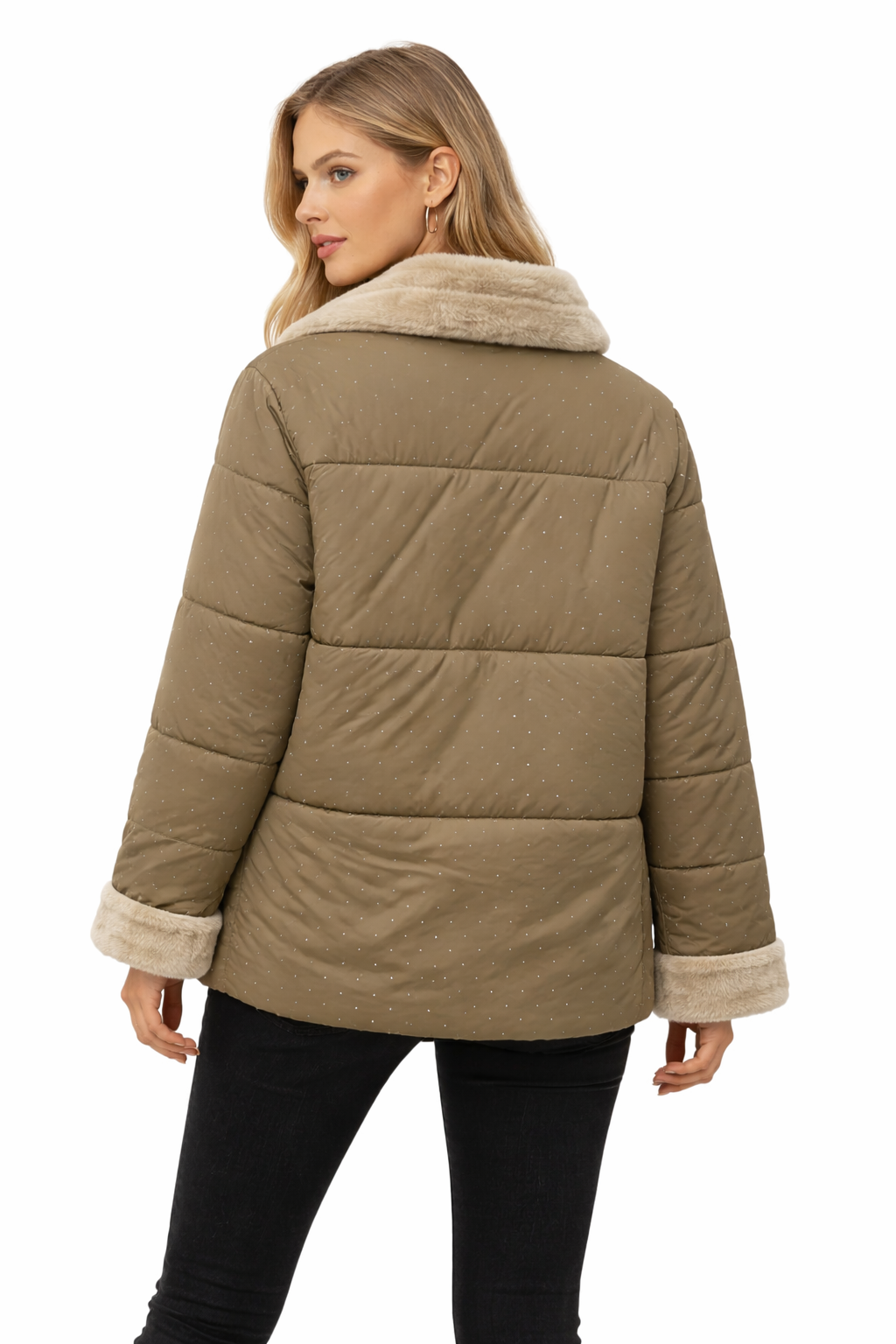 Stud-Detail Quilted Puffer Jacket with Faux Fur Trim – Mocha