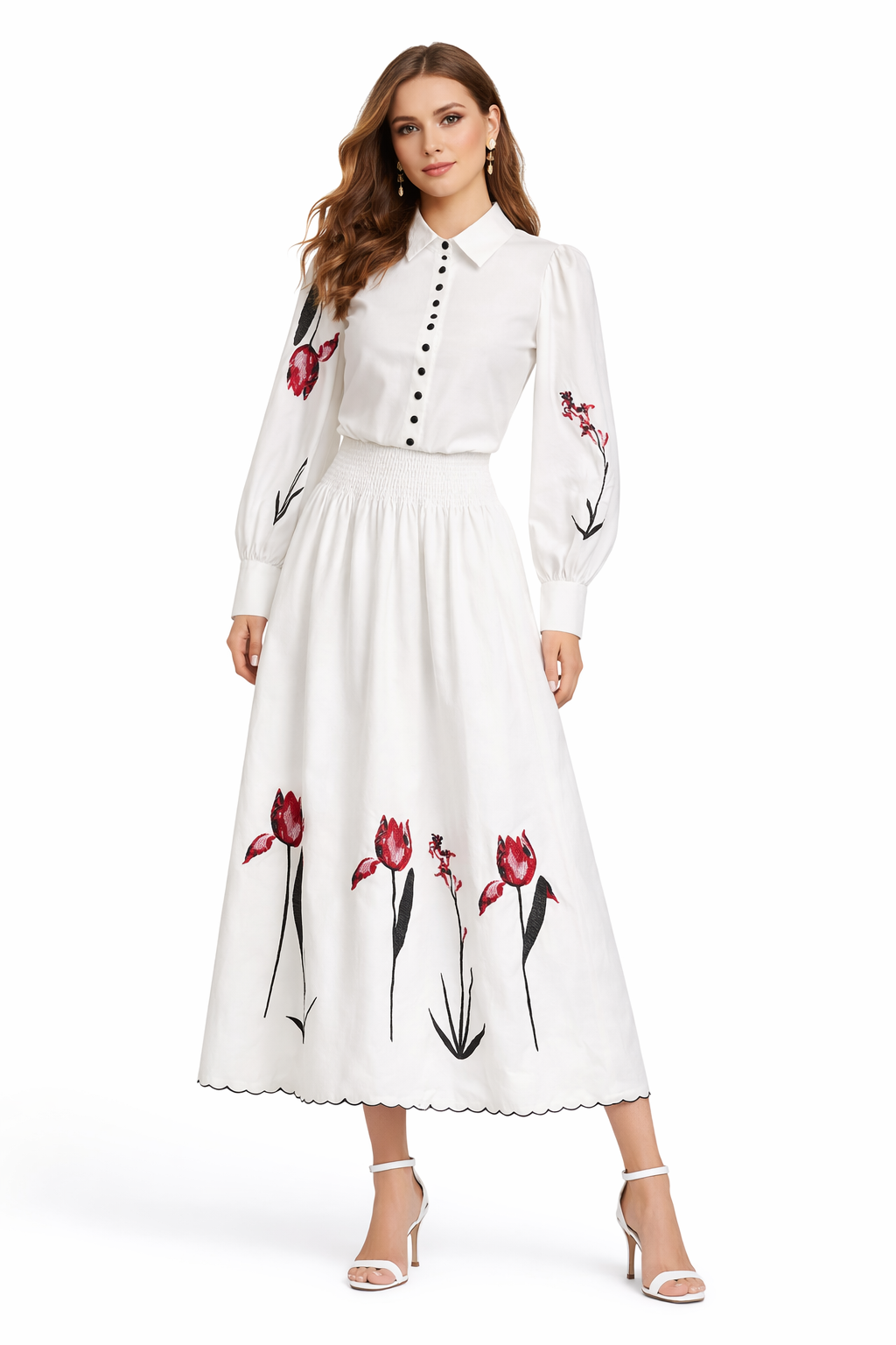 White Floral Blouse & Skirt Set
