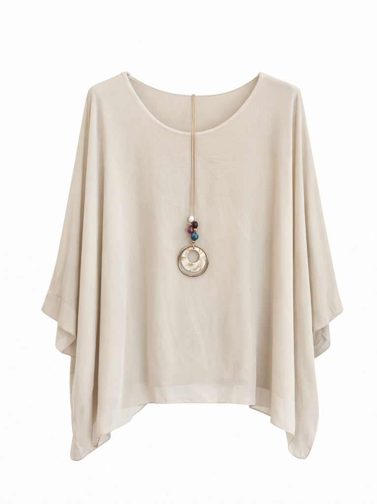 Loose Fit Batwing Sleeve Blouse with Pendant - Olive green , Beige , black