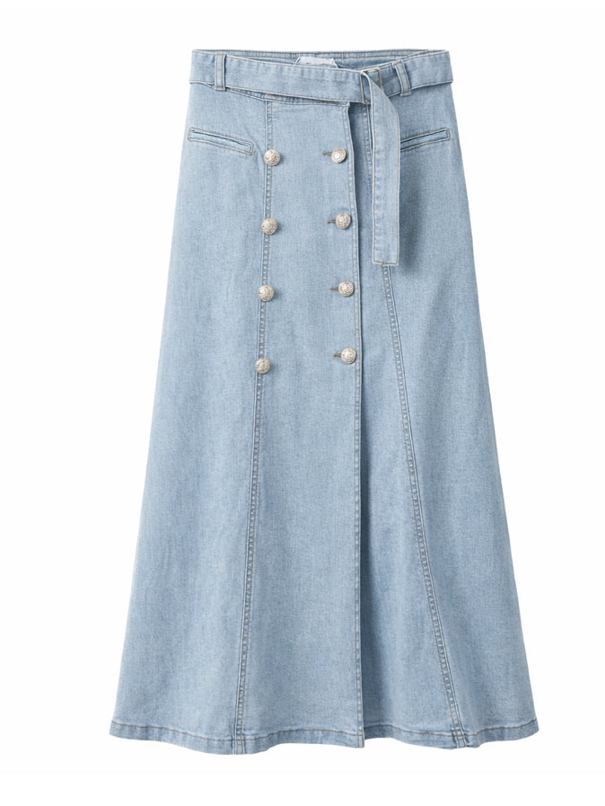 Light Blue Denim A-Line Midi Skirt