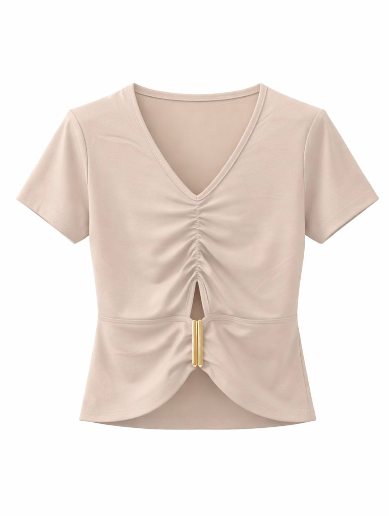 V-Neck Ruched Short Sleeve Top - Brown, Black , White , Olive Green , Beige