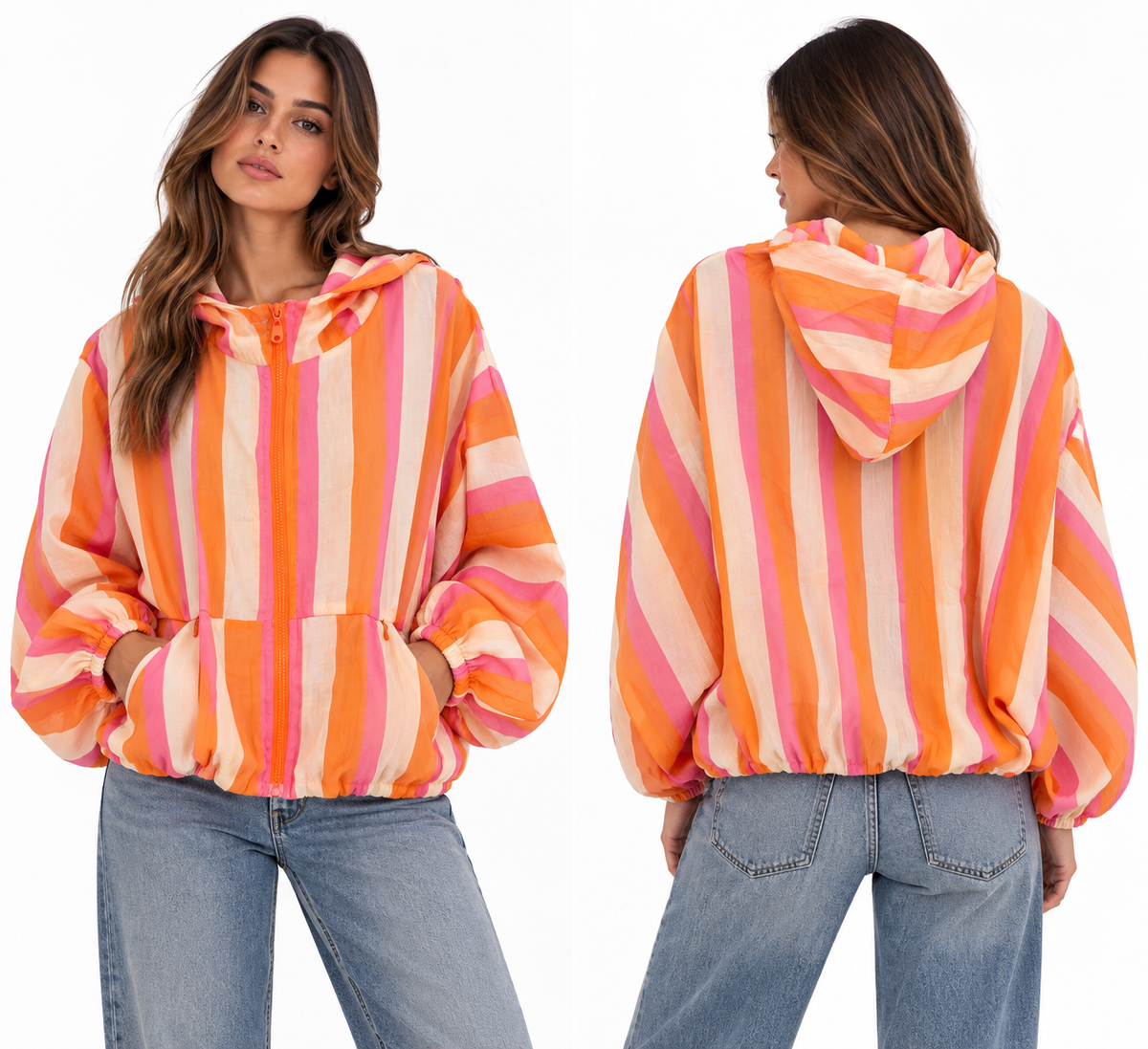 Striped Hooded Zip Jacket