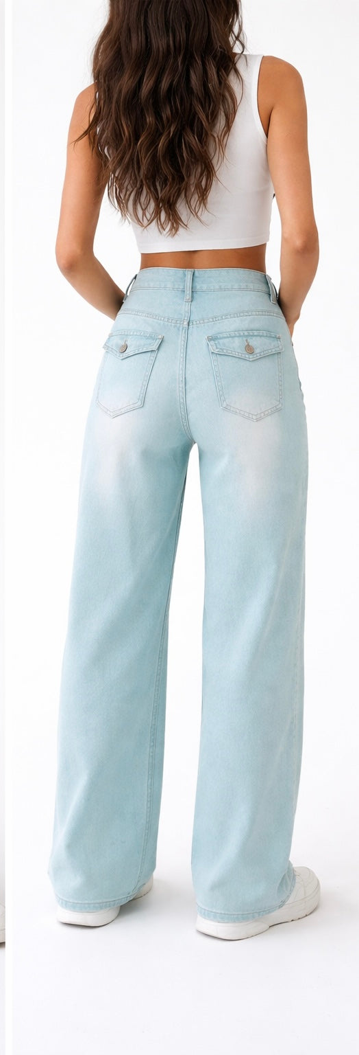 Rhinestone Embellished Wide-Leg Jeans - Light Blue , Butter Yellow
