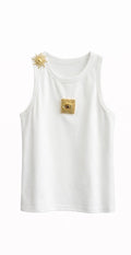 Black Sleeveless Gold Charm Tank Top - Black , White