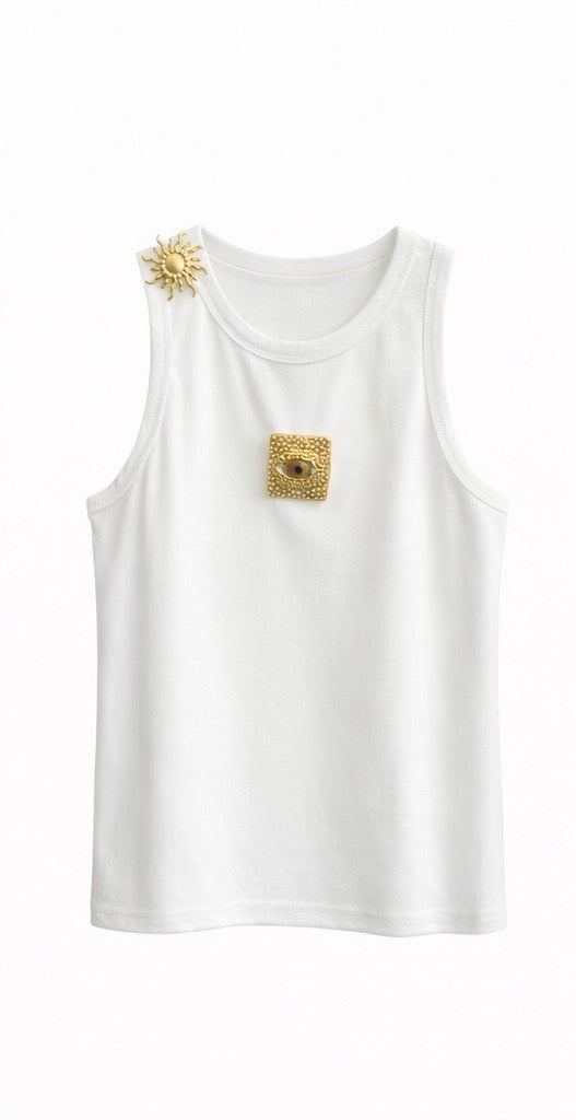 Black Sleeveless Gold Charm Tank Top - Black , White