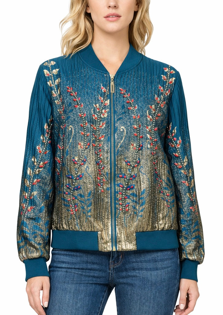Luxury Teal & Gold Floral Embroidered Bomber Jacket