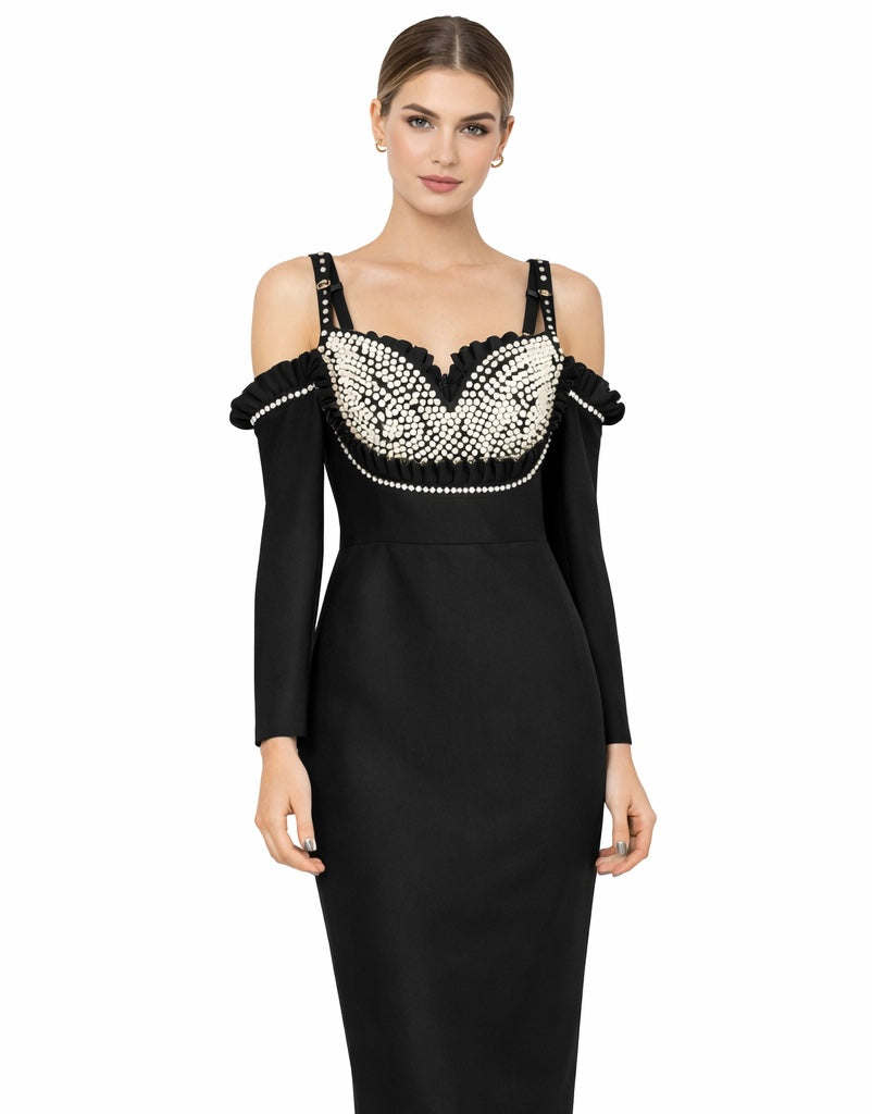 Black Embellished Bustier Dress With Cold-Shoulder Detail Black