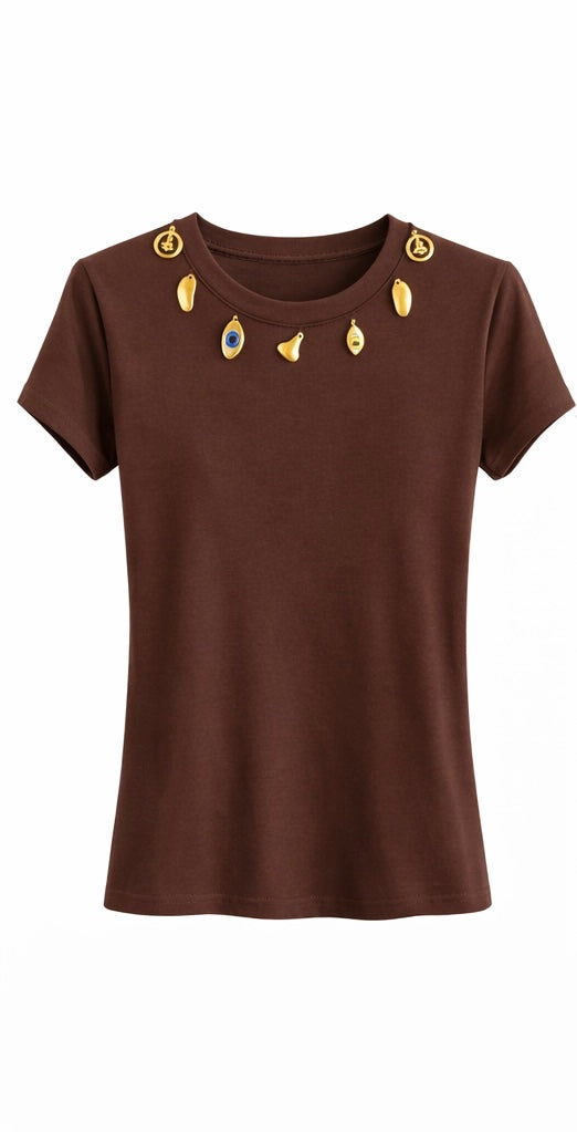 Charm Embellished Short Sleeve Top - Black , White , Brown