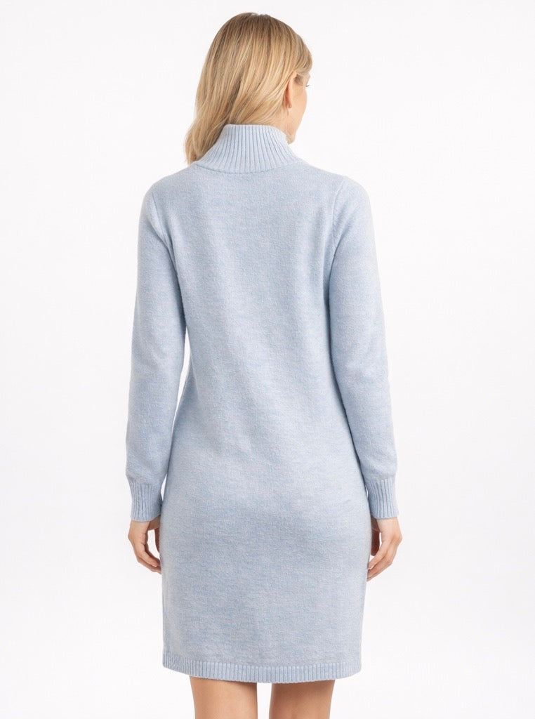 Button-Detail Turtleneck Knit Dress Light Blue