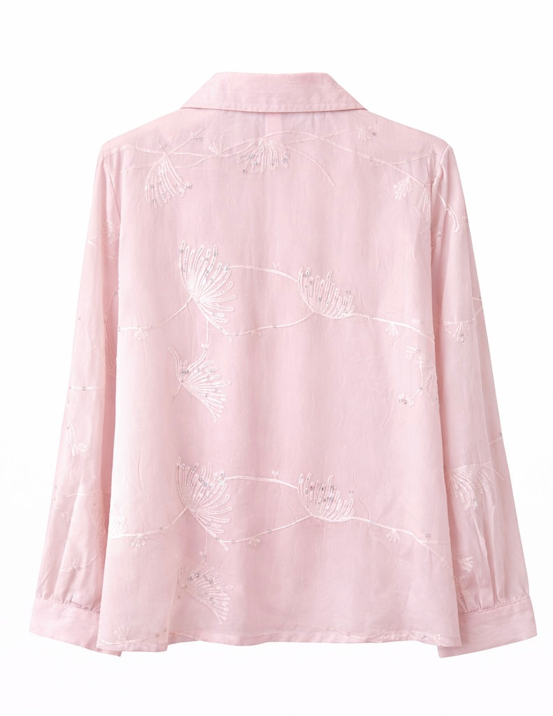 Embroidered Blouse with Rhinestone Collar - Lavender , pink