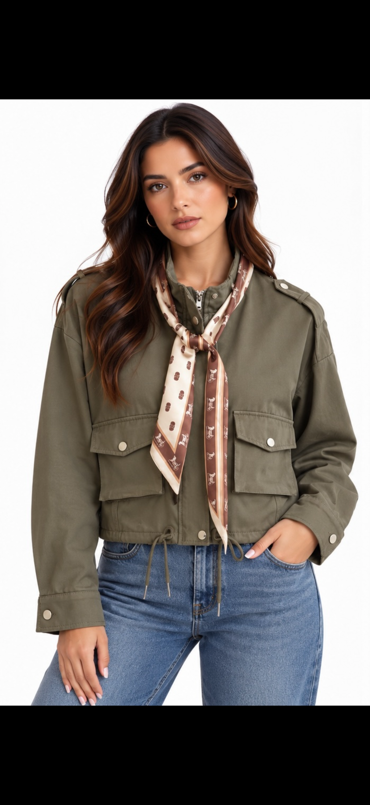 Satin Scarf Utility Jacket ( Beige  , Olive )
