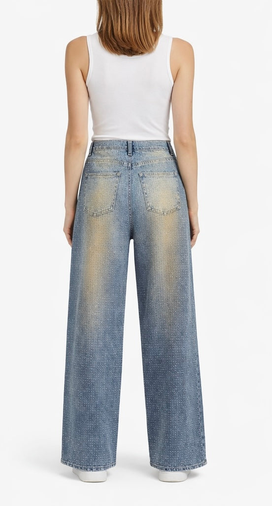 Rhinestone Detail Wide-Leg Denim Jeans