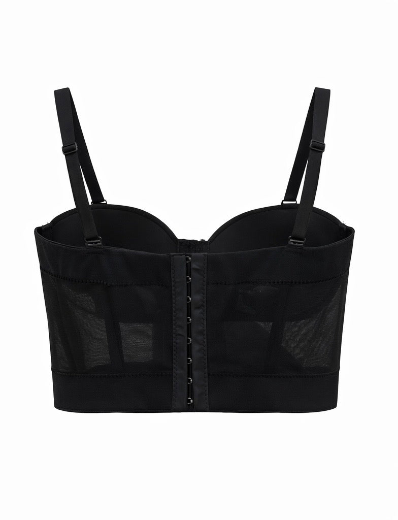 Black Pearl Bow Crop Corset Top with Removable Pearl Chain
