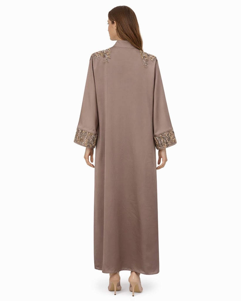 Taupe Satin Abaya with Hand Embellishment