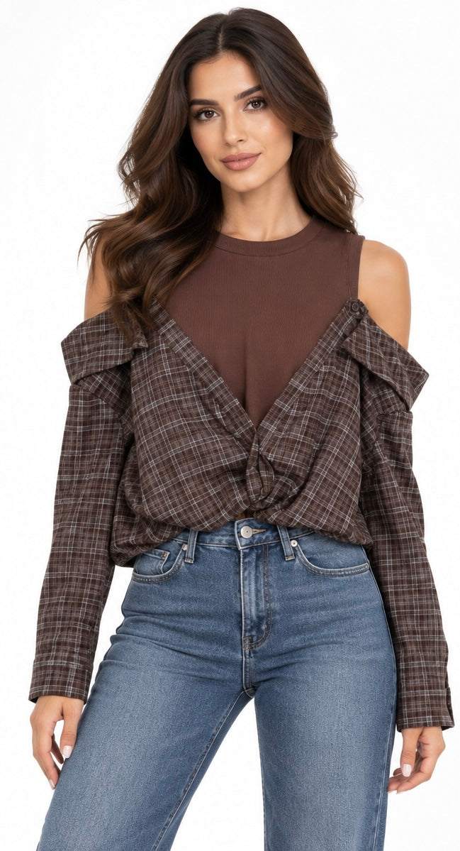 The Plaid Draped Cutout Top