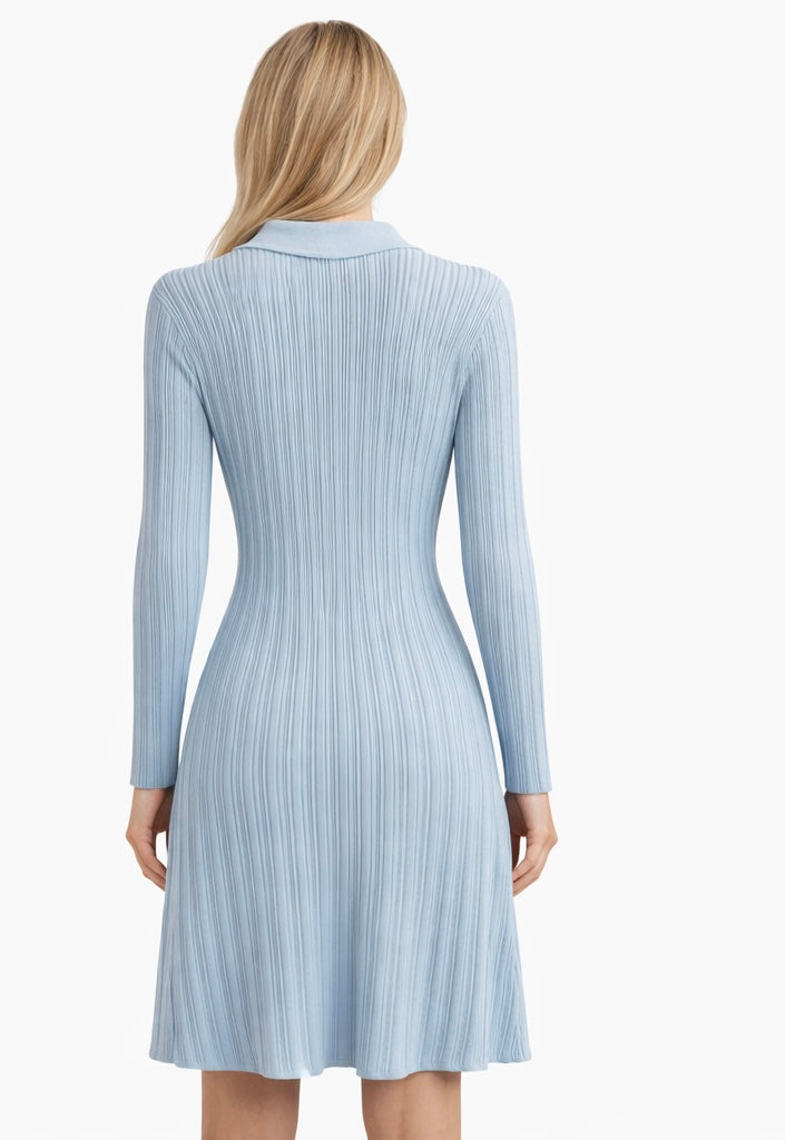 Light Blue Collared Ribbed Knit Dress with Pearl Buttons