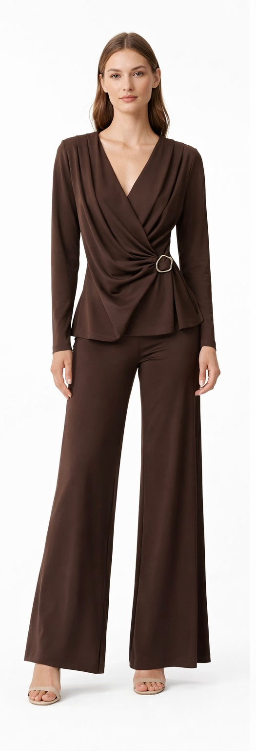 Draped Wrap Top & Wide-Leg Pant Set – Chocolate Brown