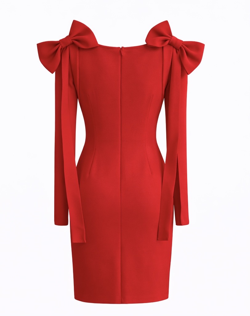 Crystal Bow Shoulder Bandage  Mini Dress - Red , black , white