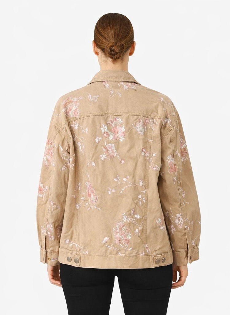 Floral Print Beige Denim Jacket