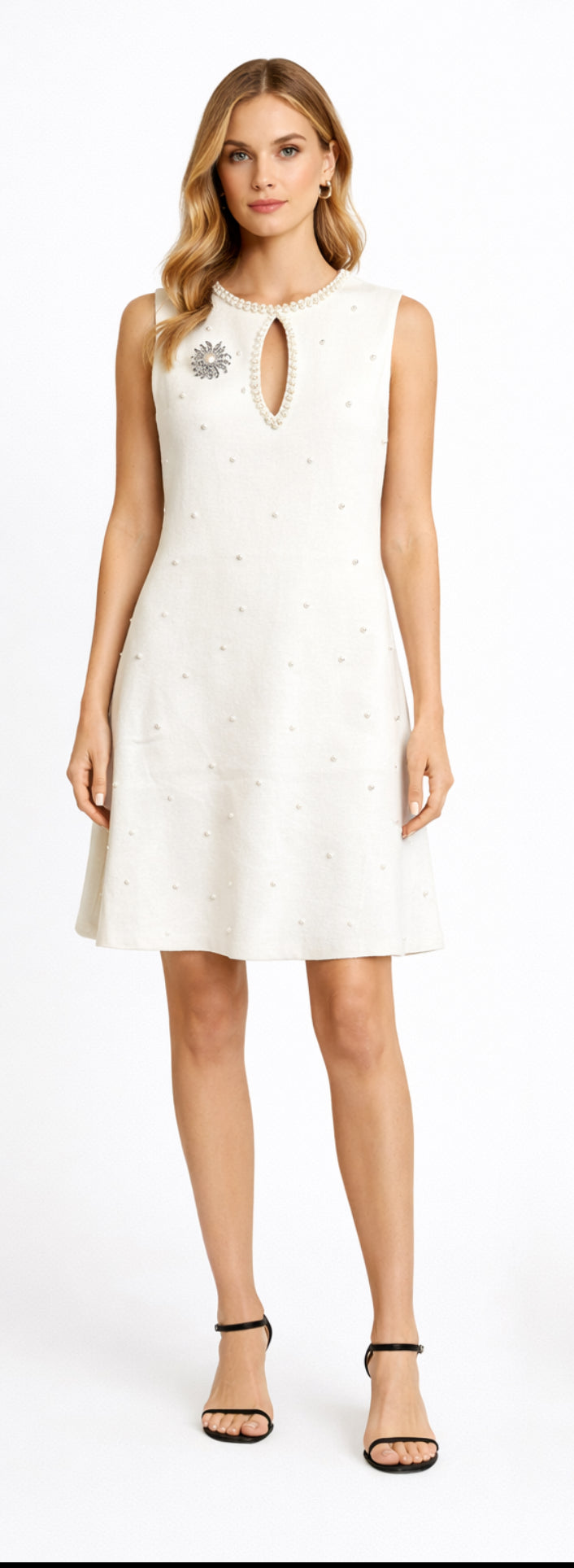 Pearl Detail Ivory A-Line Dress