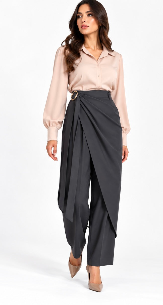 Draped Wrap Tailored Pants (Brown,Olive,Black,Beige)