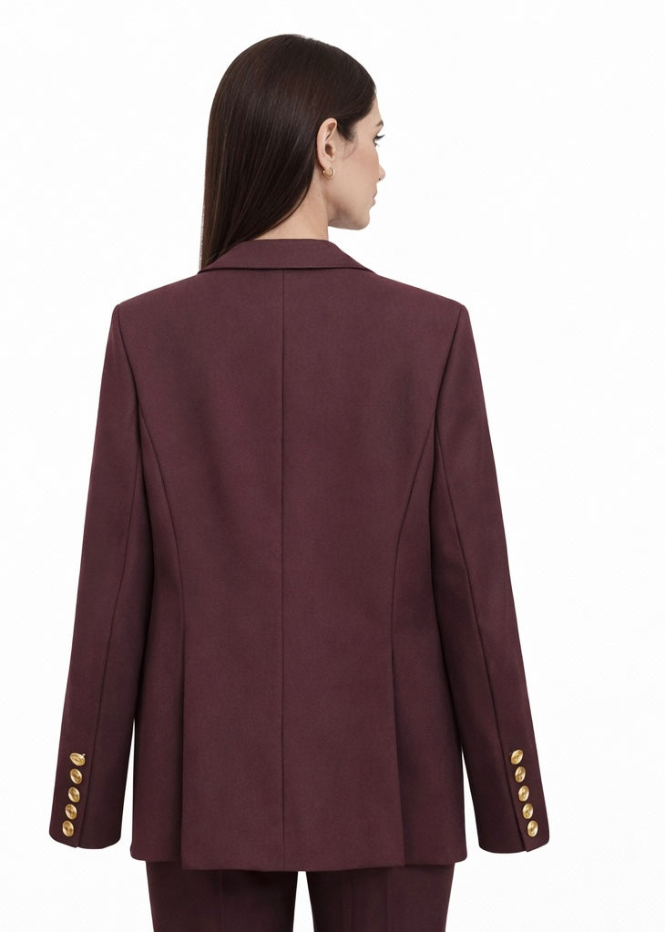 Burgundy Double-Breasted Blazer with Gold Buttons