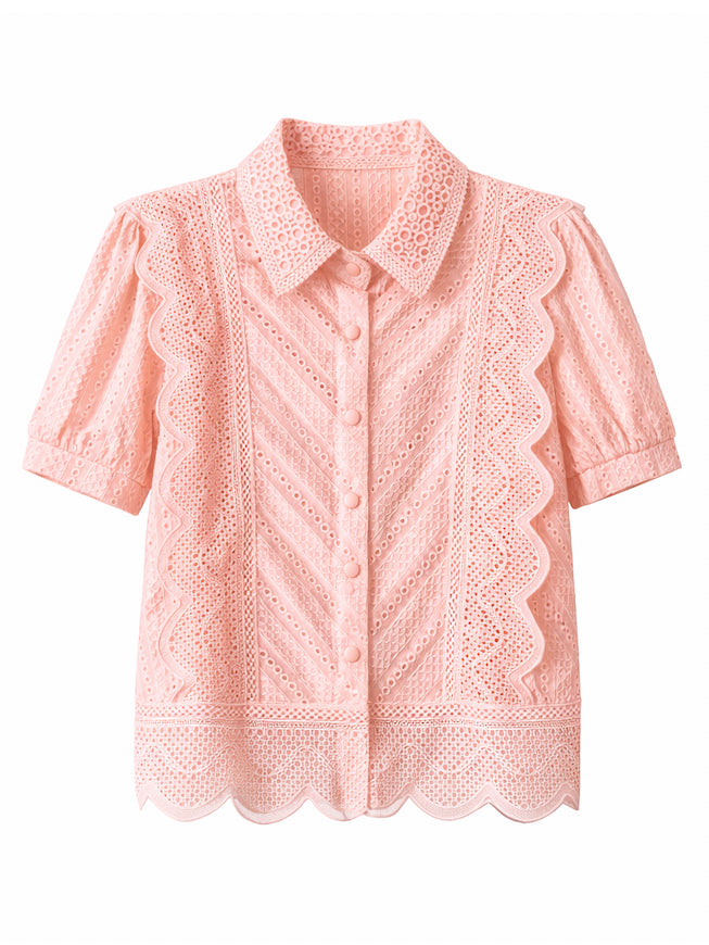 Romantic Floral Eyelet Lace Shirt - Butter Yellow , Light blue , pink , Black