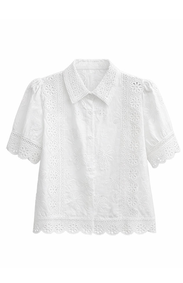 Chic  Floral Embroidered Shirt - Light Blue , White , Black