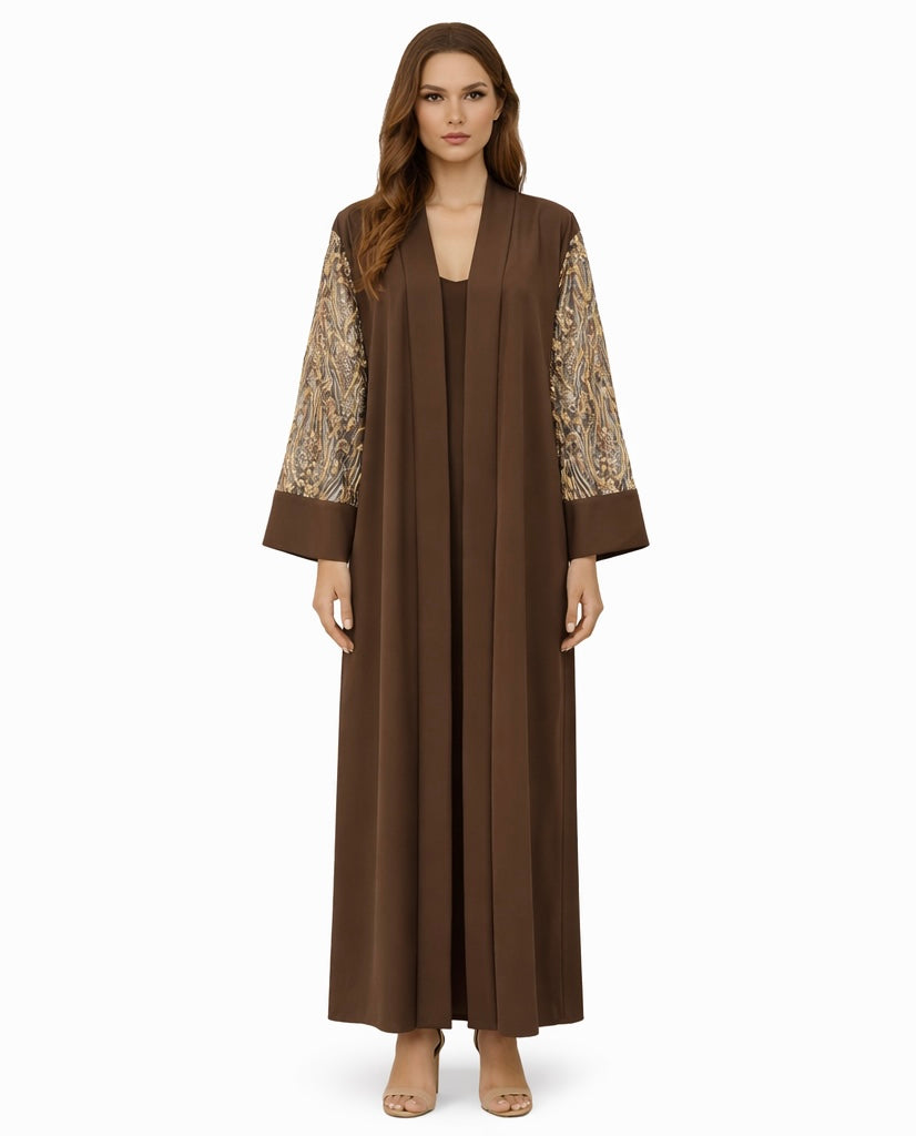 Occasion Abaya with Embellished Sleeves – Brown