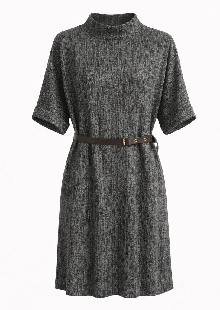 Textured Belted Mock Neck Midi Dress