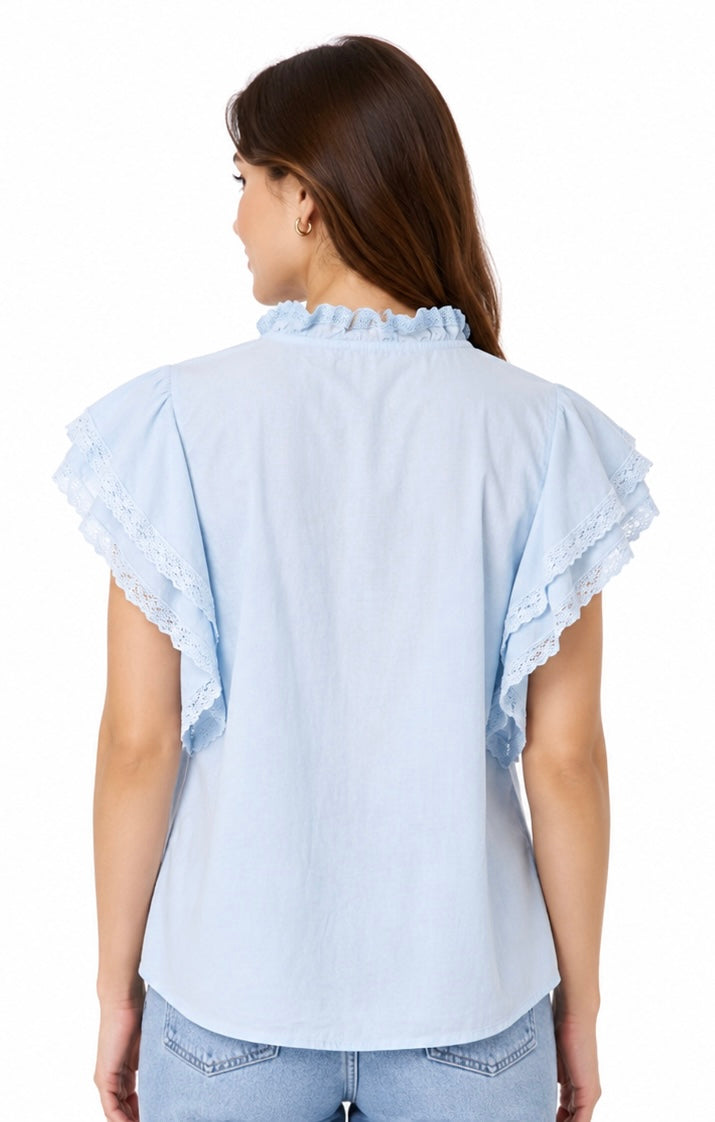 Sky Blue Lace Flutter Sleeve Blouse