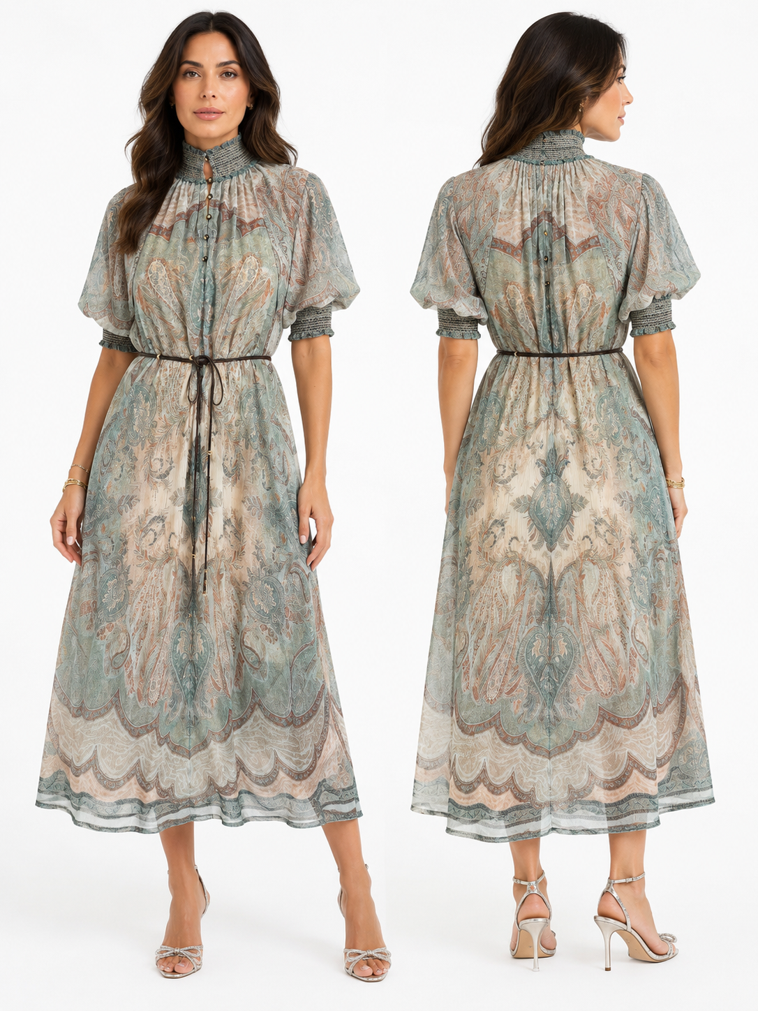 Vintage Sage Paisley Smocked Maxi Dress