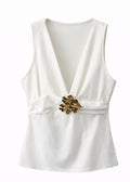 V-Neck Top with Gold Brooch - White . Pink . Black