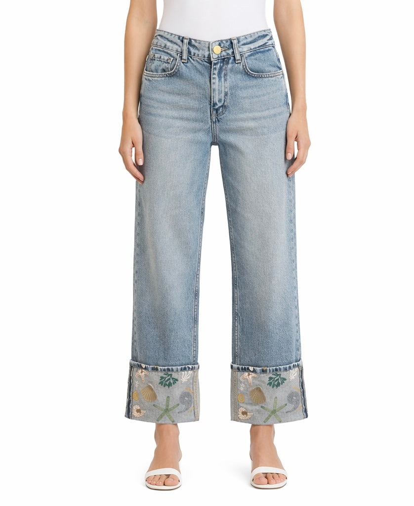 Seashell & Starfish Embroidered Cuff Jeans