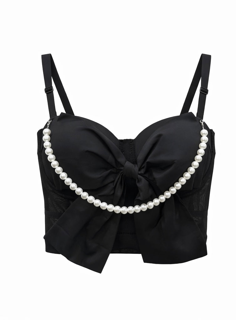 Black Pearl Bow Crop Corset Top with Removable Pearl Chain