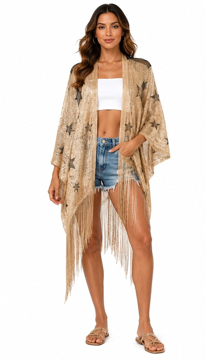 Golden Star Fringe Kimono ( Gold , Silver , Beige )
