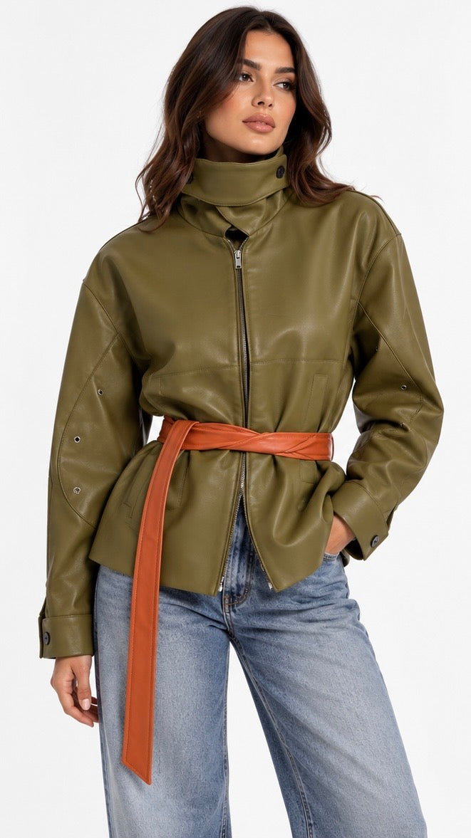 Cognac Leather Belted Jacket