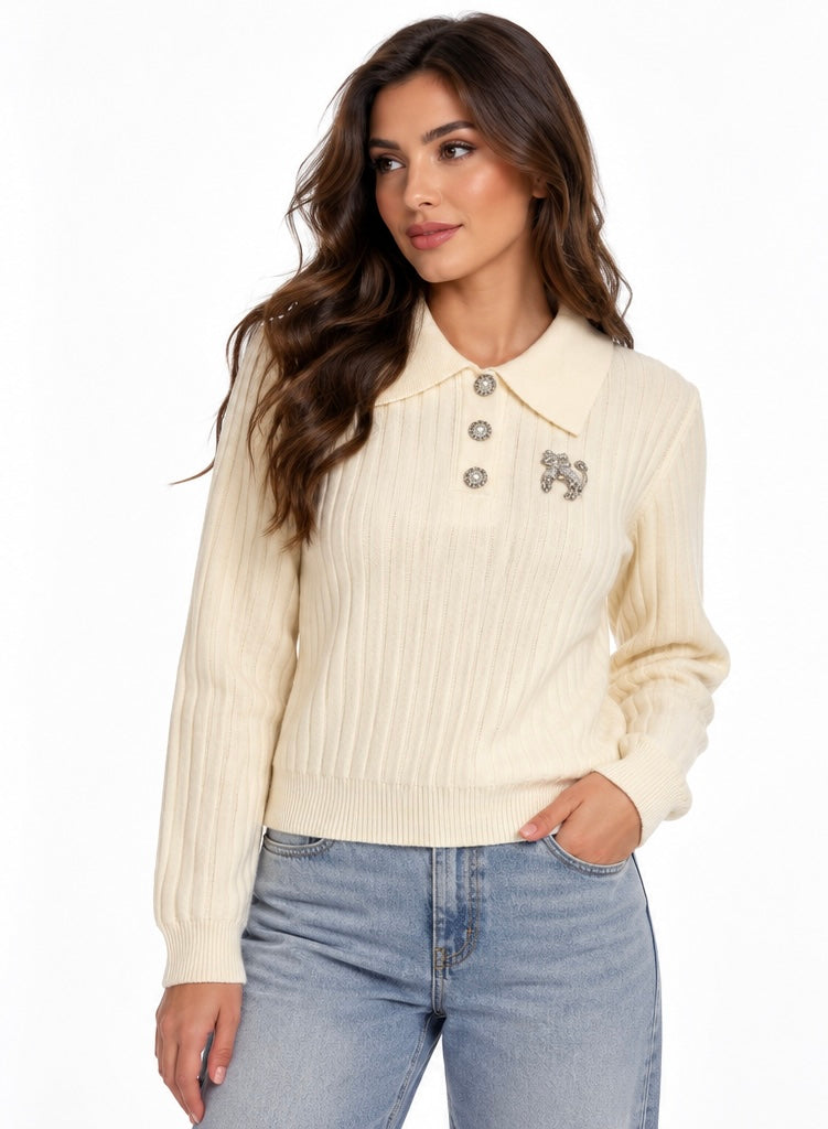 Cat Pearl Detail Polo Sweater