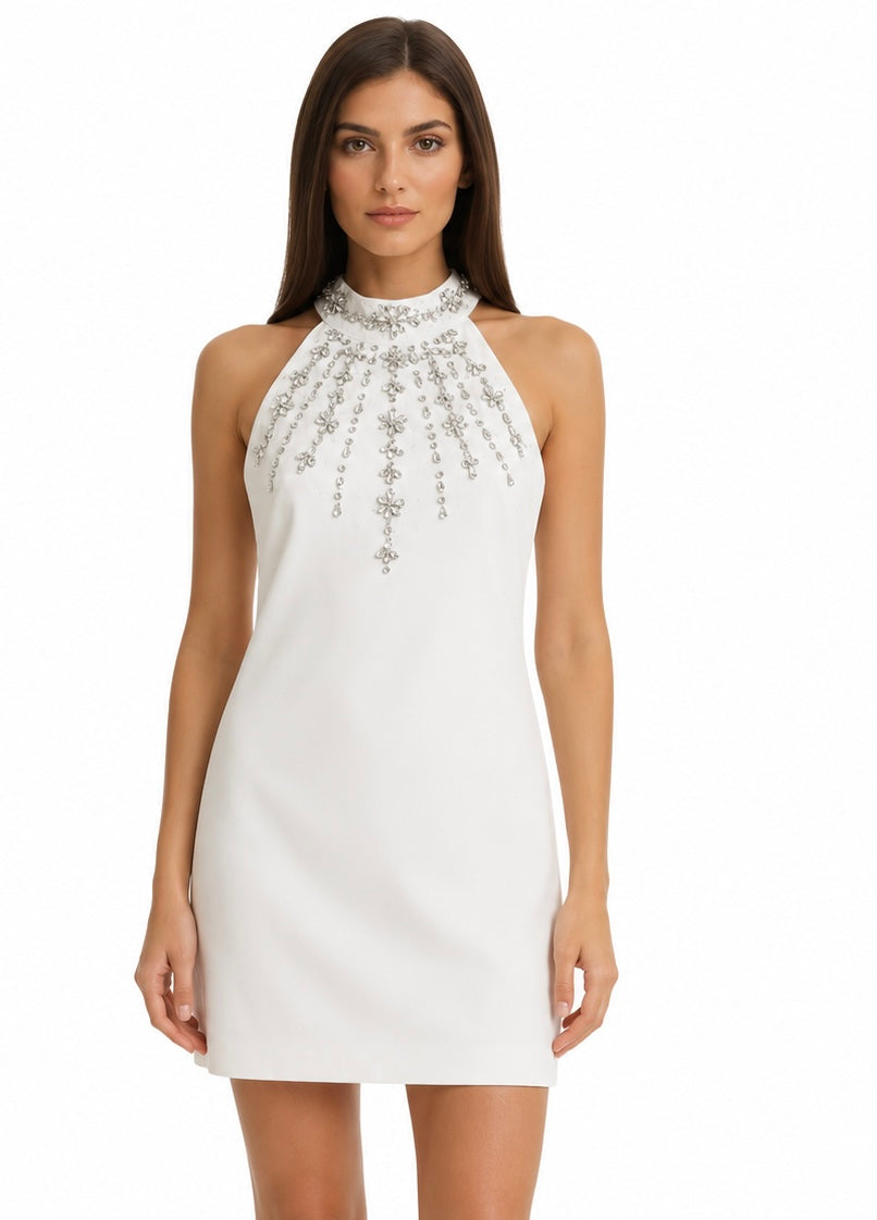 Crystal Embellished Halter White Mini Dress