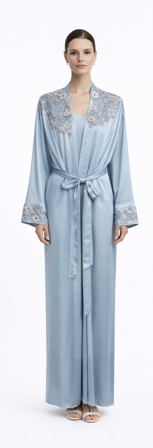Ice Blue Embroidered Satin Abaya