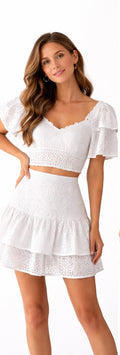 Embroidered Crop Top and Skirt Set - Black - White