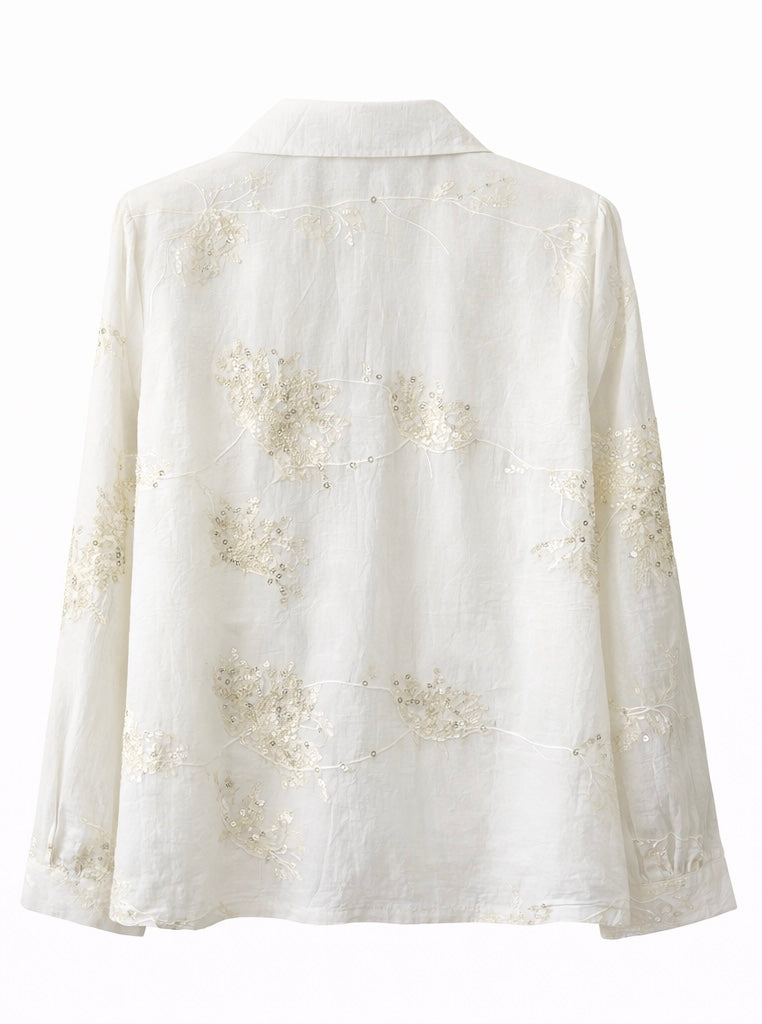 Embroidered Blouse with Rhinestone Collar - White