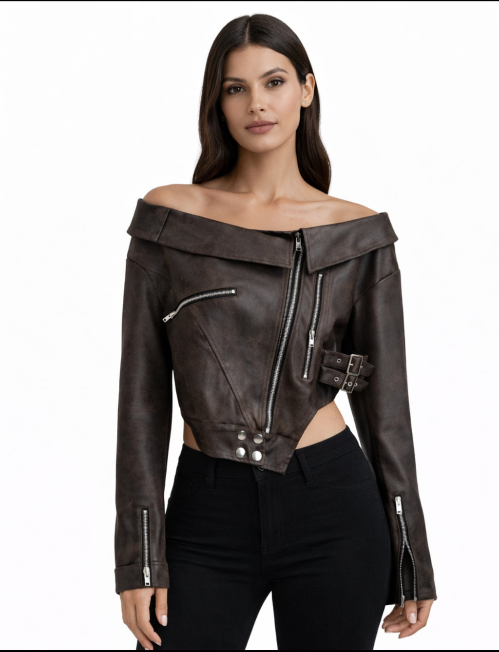 Off-Shoulder Cropped Faux Leather Biker Jacket – Dark Brown