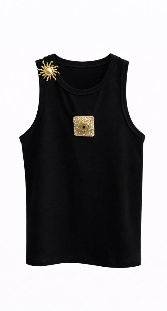 Black Sleeveless Gold Charm Tank Top - Black , White