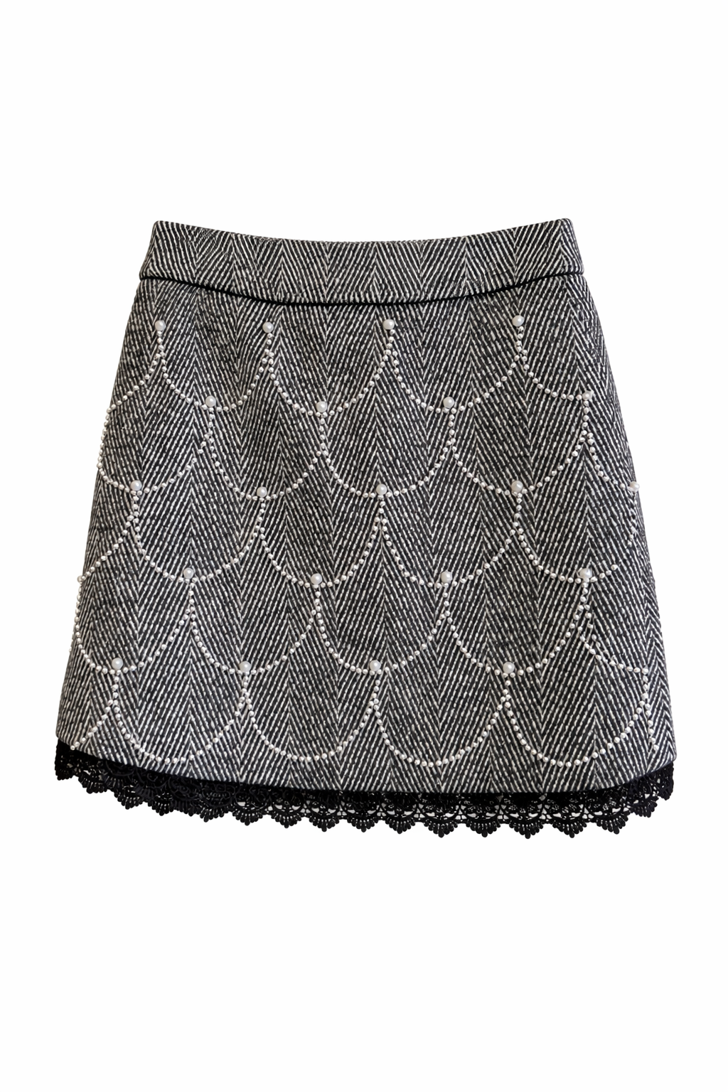 Pearl-Embellished Herringbone Tweed Jacket & Mini Skirt Set