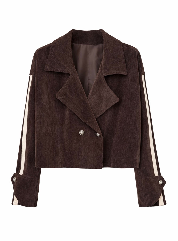 Striped-Sleeve Cropped Corduroy Jacket Brown