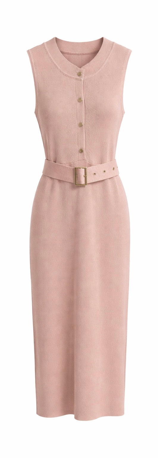 Elegant Blush Ribbed Knit Midi Dress with Belt